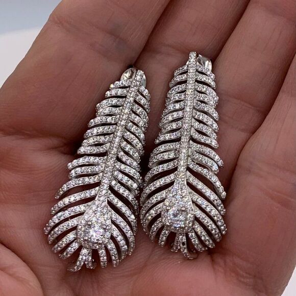 Earring, NWOT, solid 925 sterling silver, lab created clear gem, 1 3/4 inch drop - Picture 3 of 16